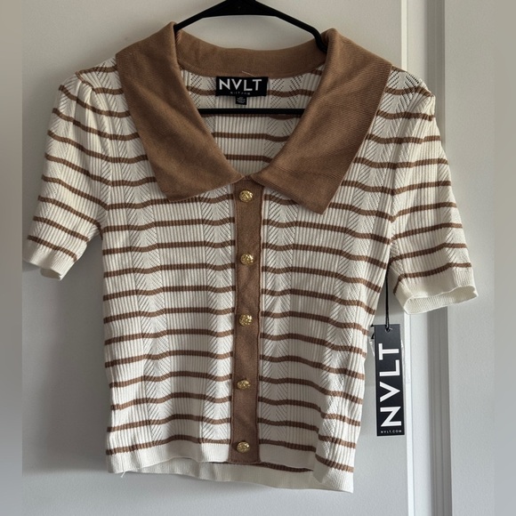 NVLT Beige and White Striped Button Down Shirt - Picture 3 of 12